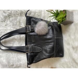 Black Leather Tote Bag with Fur Pom Pom